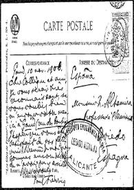 Portada:Tarjeta postal de Paul Fredericq a Rafael Altamira. Gante, 10 de noviembre de 1908