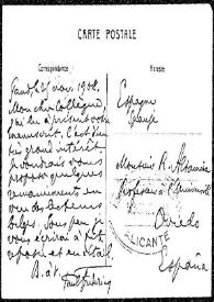 Portada:Tarjeta postal de Paul Fredericq a Rafael Altamira. Gante, 25 de noviembre de 1908