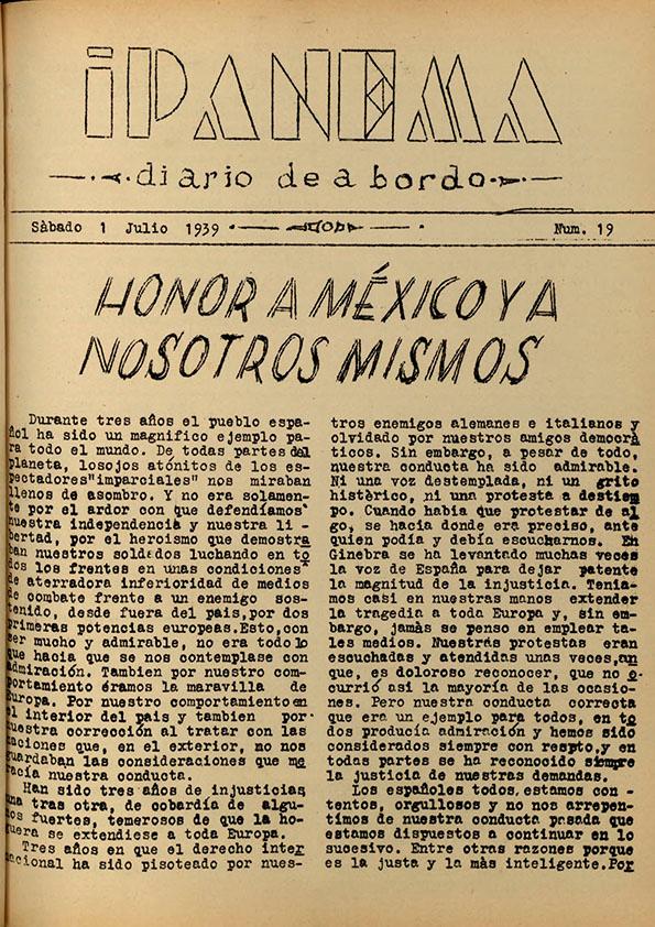 Ipanema : diario de a bordo. Núm. 19, 1 de julio de 1939 | Biblioteca Virtual Miguel de Cervantes