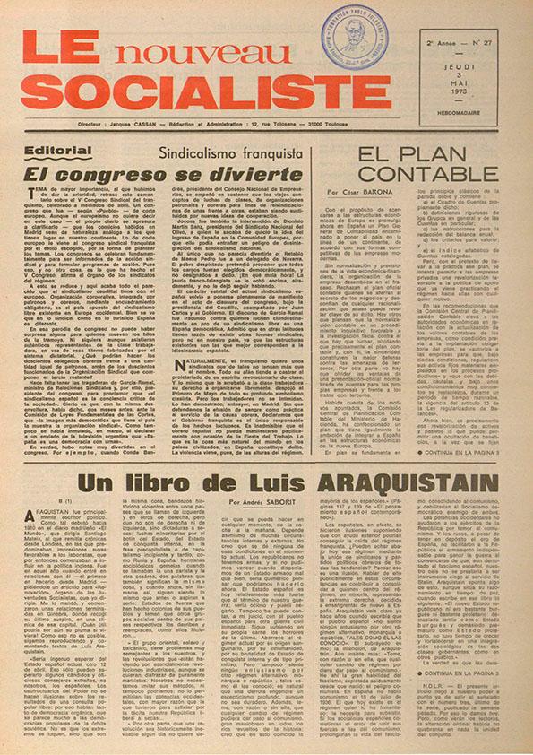 Le Nouveau Socialiste. 2e Année, numéro 27, jeudi 3 mai 1973 | Biblioteca Virtual Miguel de Cervantes