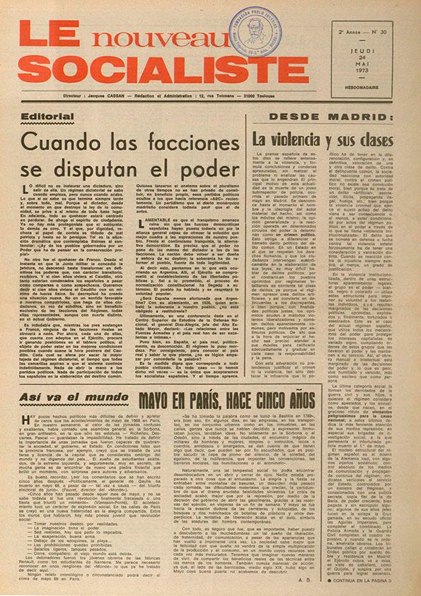 Le Nouveau Socialiste. 2e Année, numéro 30, jeudi 24 mai 1973 | Biblioteca Virtual Miguel de Cervantes