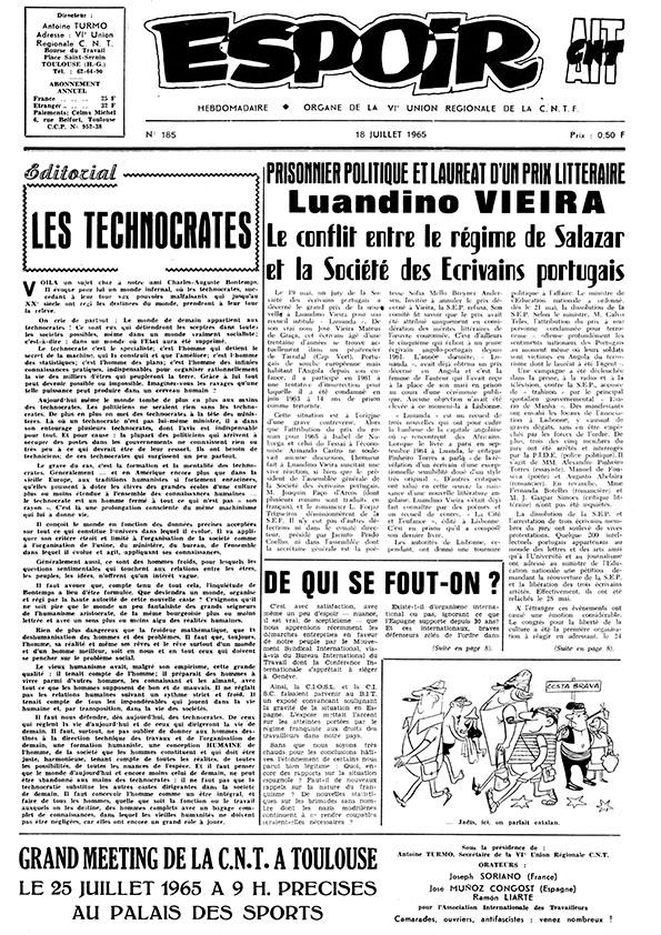 Espoir : Organe de la VIª Union régionale de la C.N.T.F. Num. 185, 18 juillet 1965 | Biblioteca Virtual Miguel de Cervantes