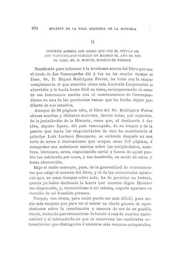 Informe acerca del libro que con el título de "Los Vascongados" publicó en Madrid el año de 1873 el Ilmo. Sr. Miguel Rodríguez Ferrer / José Gómez de Arteche | Biblioteca Virtual Miguel de Cervantes