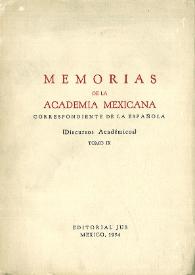 Portada:Memorias de la Academia Mexicana correspondiente de la Española. Tomo 9. (Discursos Académicos) [1954]