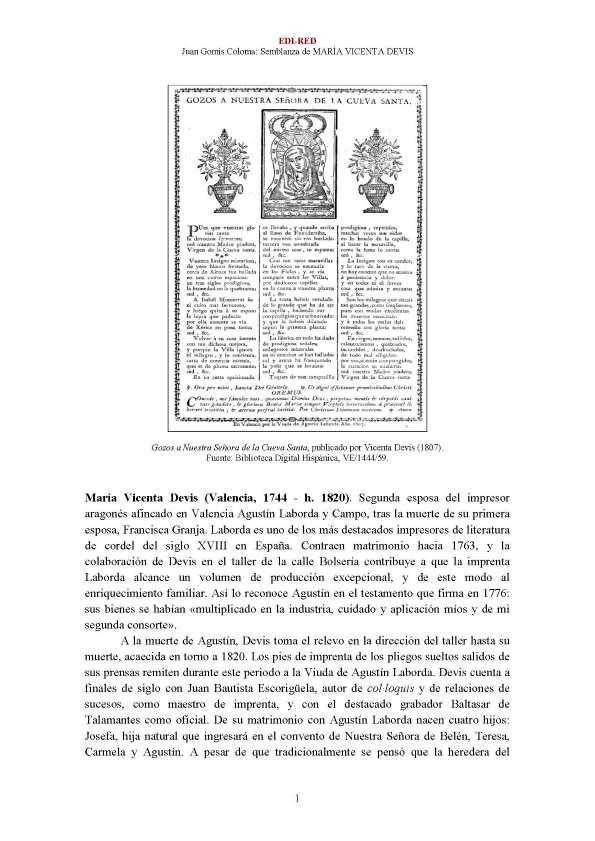 María Vicenta Devis [impresora, editora] (Valencia, 1744-1820) [Semblanza] / Juan Gomis Coloma | Biblioteca Virtual Miguel de Cervantes