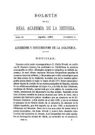 Portada:Noticias. Boletín de la Real Academia de la Historia, tomo 3 (agosto 1883). Cuaderno II. Acuerdos y discusiones de la Academia