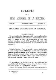 Portada:Noticias. Boletín de la Real Academia de la Historia, tomo 3 (diciembre 1883). Cuaderno VI. Acuerdos y discusiones de la Academia