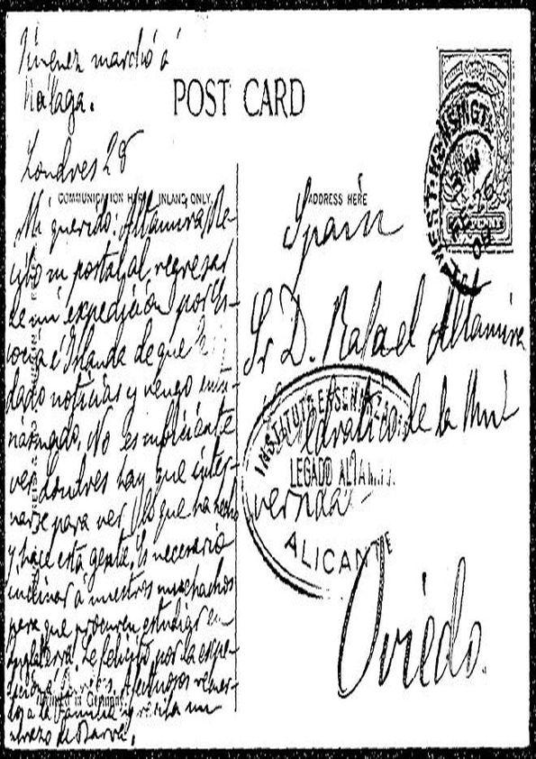Tarjeta postal de [Francisco de las] Barras a Rafael Altamira. Londres, [1909] | Biblioteca Virtual Miguel de Cervantes