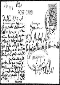 Portada:Tarjeta postal de [Francisco de las] Barras a Rafael Altamira. Dublín, 27 de febrero de 1909