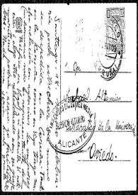 Portada:Tarjeta postal de Ramón María Tenreiro a Rafael Altamira. Santiago de Compostela, 18 de mayo de 1909