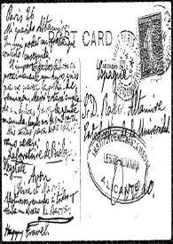 Portada:Tarjeta postal de [Francisco de las] Barras a Rafael Altamira. París, 26 de mayo de 1909