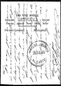 Portada:Tarjeta postal de Fidel Pagés a Rafael Altamira. Madrid, 31 de mayo de 1909