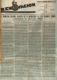 Portada:Renovación (México D. F.) : Órgano de la Federación de Juventudes Socialistas de España. Año III, núm. 28, núm. extraordinario, suplemento al núm. 27, 21 de noviembre de 1946