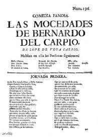 Portada:Comedia famosa. Las mocedades de Bernardo del Carpio / de Lope de Vega Carpio