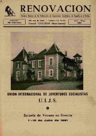 Portada:Renovación (Toulouse) : Boletín de Información de la Federación de Juventudes Socialistas de España. Abril-mayo de 1951