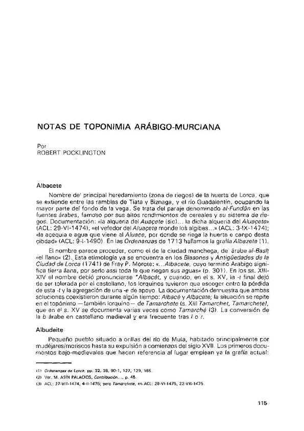 Notas de toponimia arábigo-murciana / Por Robert Pocklington | Biblioteca Virtual Miguel de Cervantes