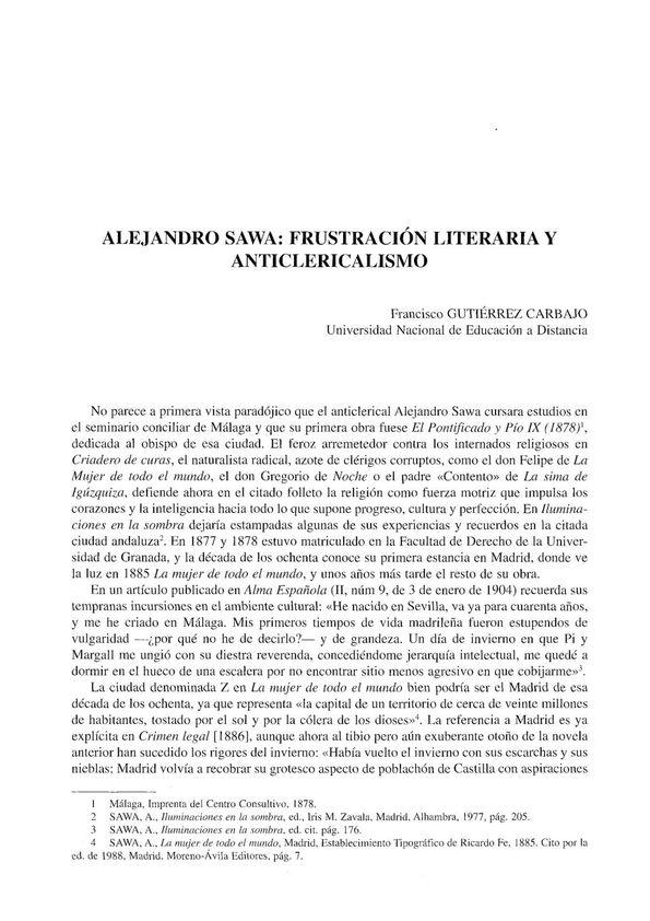 Alejandro Sawa: frustración literaria y anticlericalismo / Francisco Gutiérrez Carbajo | Biblioteca Virtual Miguel de Cervantes
