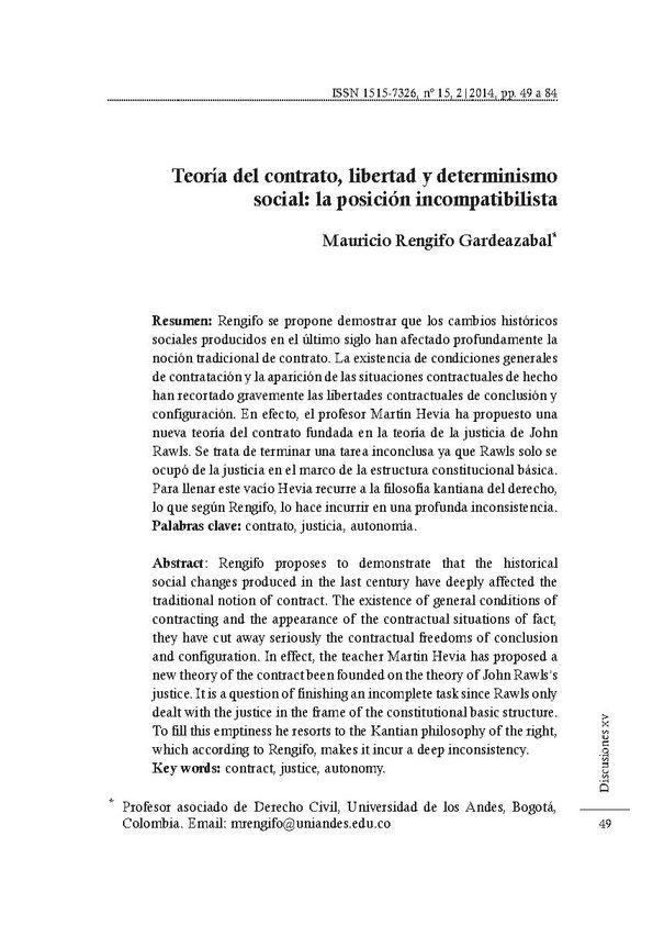 Teoría del contrato, libertad y determinismo social: la posición incompatibilista / Mauricio Rengifo Gardeazabal | Biblioteca Virtual Miguel de Cervantes