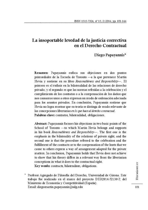 La insoportable levedad de la justicia correctiva en el Derecho Contractual / Diego Papayannis | Biblioteca Virtual Miguel de Cervantes