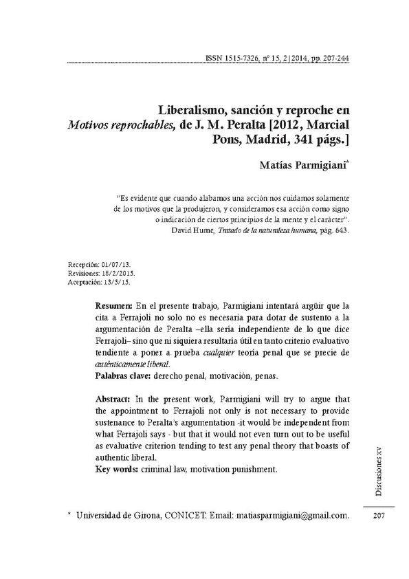 Liberalismo, sanción y reproche en "Motivos reprochables", de J. M. Peralta / Matías Parmigiani | Biblioteca Virtual Miguel de Cervantes
