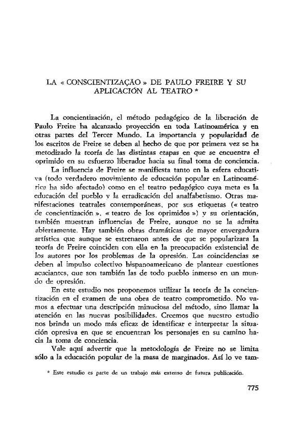 La "conscientização" de Paulo Freiré y su aplicación al teatro / Erminio G. Neglia | Biblioteca Virtual Miguel de Cervantes
