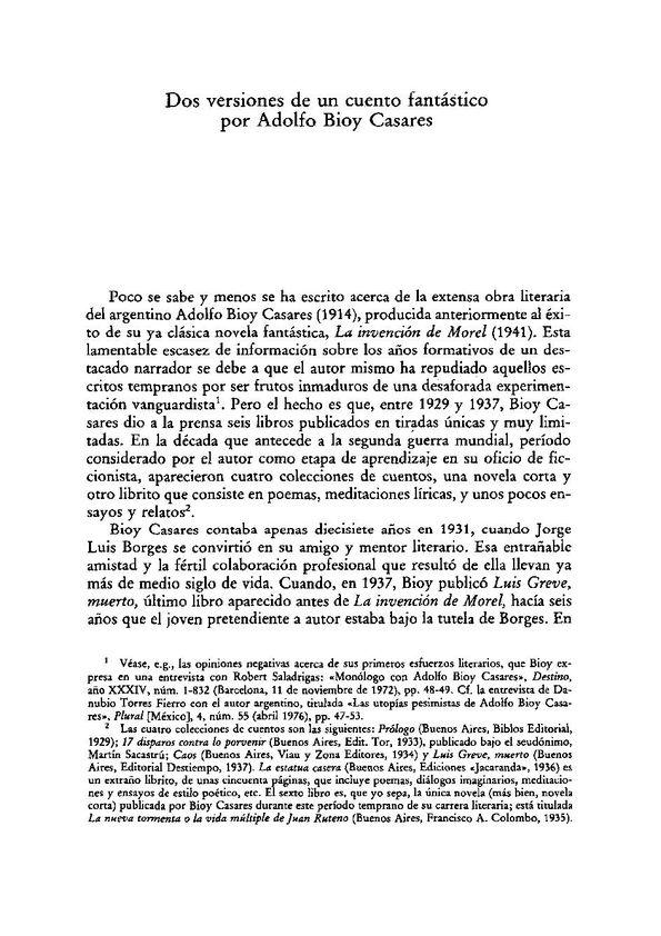 Dos versiones de un cuento fantástico por Adolfo Bioy Casares / Thomas C. Meehan | Biblioteca Virtual Miguel de Cervantes