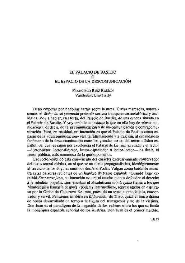 El palacio de Basilio o el espacio de la descomunicación / Francisco Ruiz Ramón | Biblioteca Virtual Miguel de Cervantes