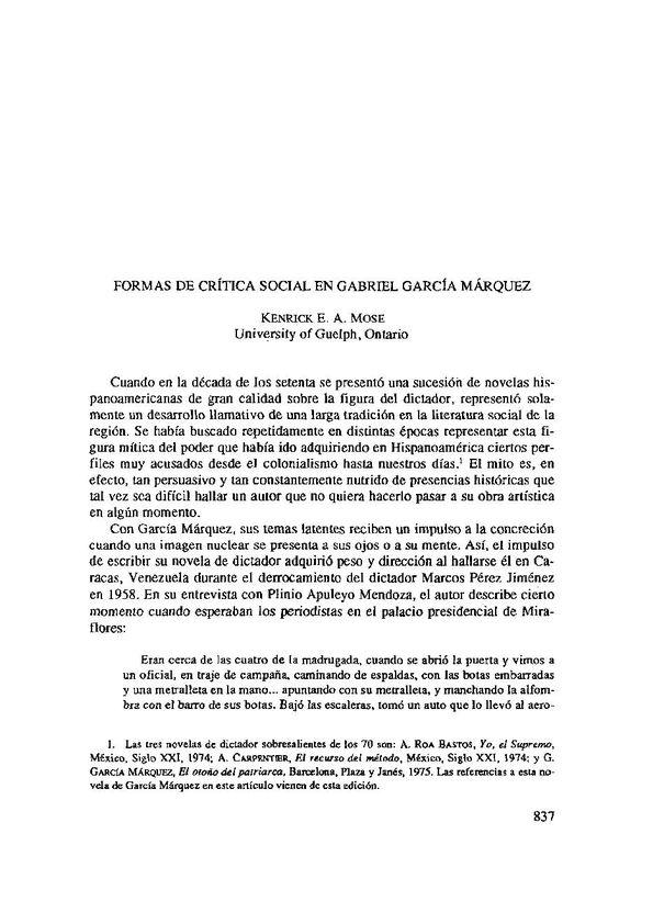 Formas de crítica social en Gabriel García Márquez / Kenrick E. A. Mose | Biblioteca Virtual Miguel de Cervantes