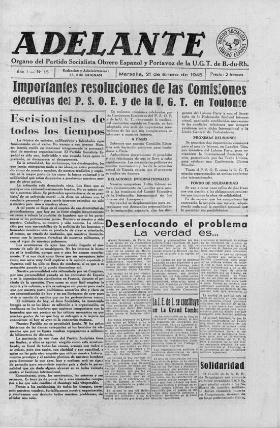 Adelante : Órgano del Partido Socialista Obrero Español de B.-du-Rh. (Marsella). Año I, núm. 15, 21 de enero de 1945 | Biblioteca Virtual Miguel de Cervantes