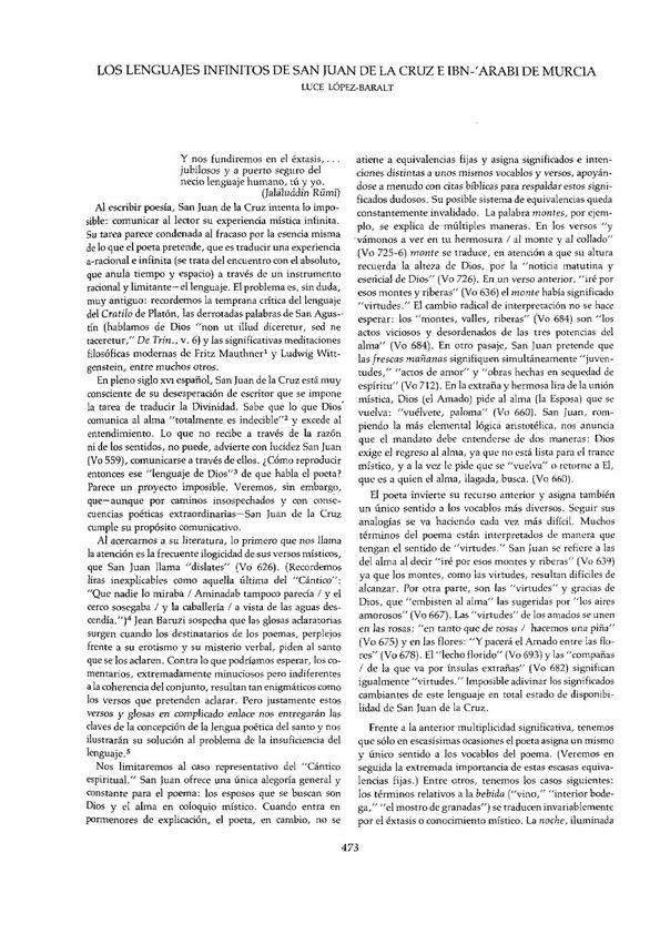  Los lenguajes infinitos de San Juan de la Cruz e Ibn-'Arabí de Murcia  / Luce López-Baralt | Biblioteca Virtual Miguel de Cervantes