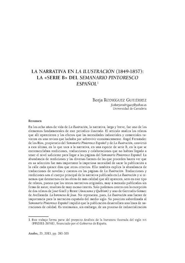 La narrativa en "La Ilustración" (1849-1857): La "Serie B" del "Semanario Pintoresco Español" / Borja Rodríguez Gutiérrez | Biblioteca Virtual Miguel de Cervantes