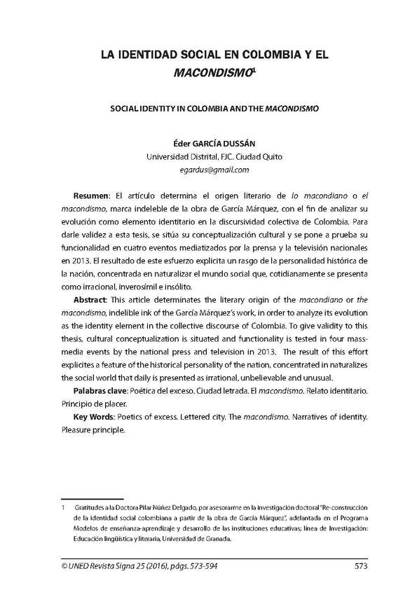 La identidad social en Colombia y el "macondismo" / Édar García Dussán | Biblioteca Virtual Miguel de Cervantes