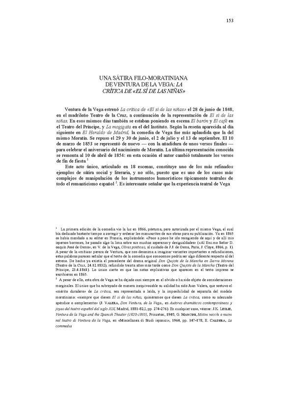 Una sátira filo-moratiniana de Ventura de la Vega: "La crítica de 'El sí de las niñas' " / Piero Menarini | Biblioteca Virtual Miguel de Cervantes
