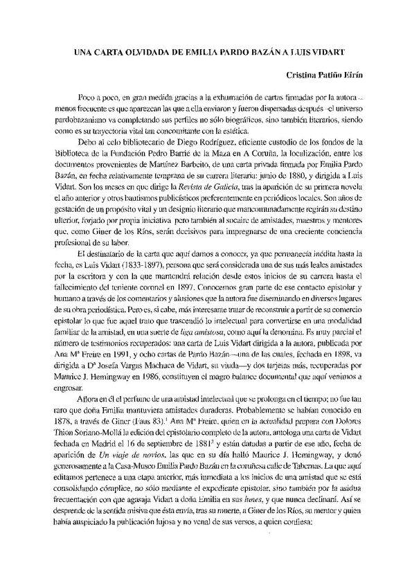 Una carta olvidada de Emilia Pardo Bazán a Luis Vidart / Cristina Patiño Eirín | Biblioteca Virtual Miguel de Cervantes