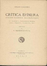 Portada:Crítica efímera. Tomo I (Divertimientos filológicos) / Julio Casares ; prólogo de R. Menéndez Pidal