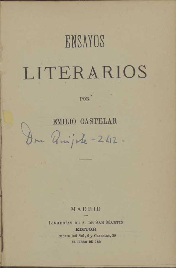 administración Lugar de la noche Honesto Ensayos literarios / por Emilio Castelar | Biblioteca Virtual Miguel de  Cervantes