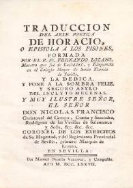 Portada:Traduccion del Arte poética de Horacio, o Epistola a los Pisones / formada por el P. Fr. Fernando Lozano ...