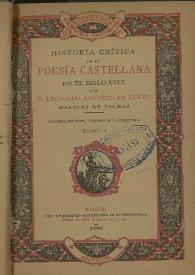Portada:Historia crítica de la poesía castellana en el siglo XVIII. Tomo I / por Leopoldo Augusto de Cueto, Marqués de Valmar