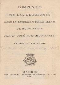 Portada:Compendio de las lecciones sobre la retórica y bellas letras de Hugo Blair / por José Luis Munárriz