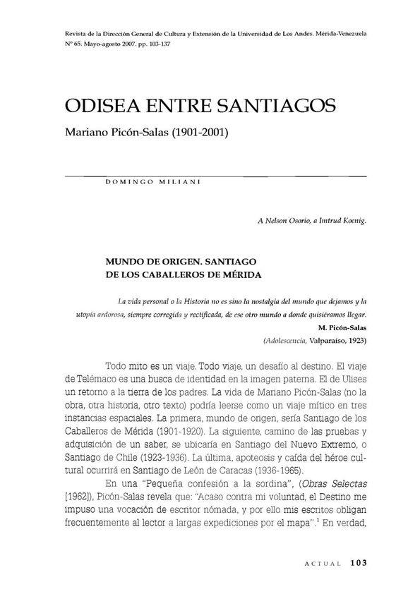 Odisea entre Santiagos. Mariano Picón-Salas (1901-2001) / Domingo Miliani | Biblioteca Virtual Miguel de Cervantes