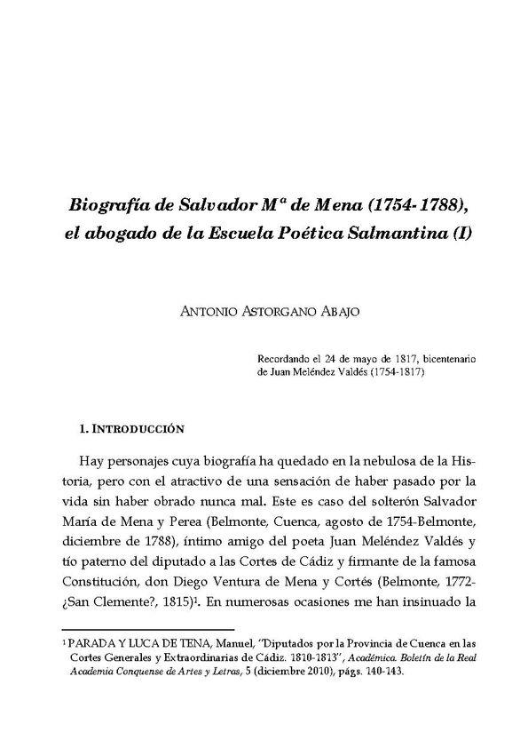 Biografía de Salvador Mª. de Mena (1754-1788), el abogado de la Escuela Poética Salmantina (I)  / Antonio Astorgano Abajo | Biblioteca Virtual Miguel de Cervantes