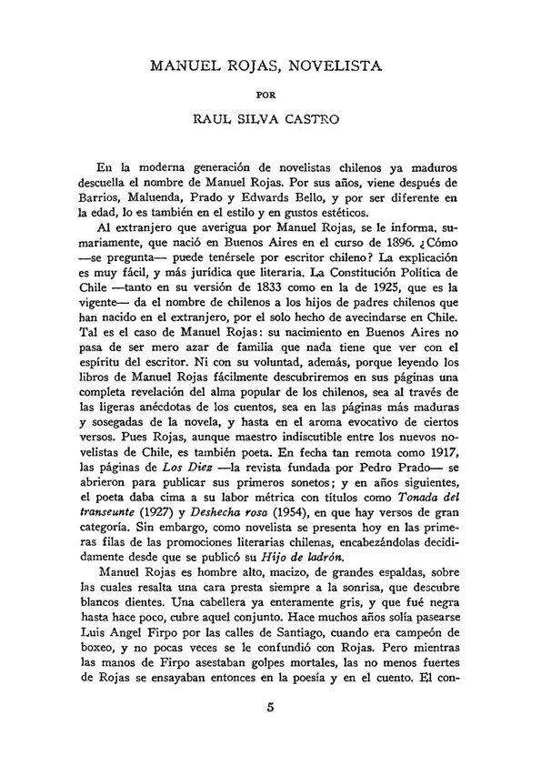 Manuel Rojas, novelista / Raúl Silva Castro | Biblioteca Virtual Miguel de Cervantes