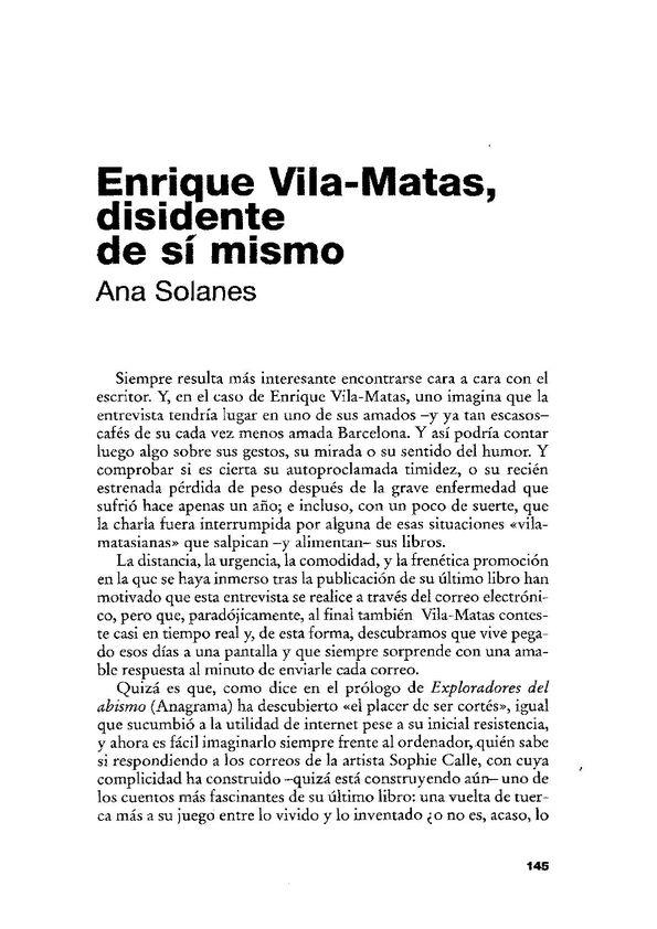 Enrique Vila-Matas, disidente de sí mismo / Ana Solanes | Biblioteca Virtual Miguel de Cervantes
