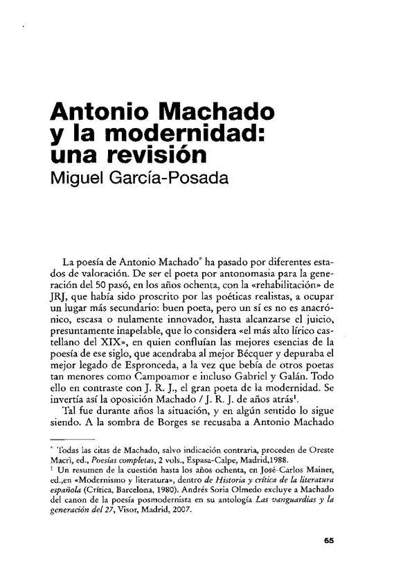 Antonio Machado y la modernidad: una revisión / Miguel García-Posada | Biblioteca Virtual Miguel de Cervantes