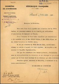 Portada:Carta del Ministro del Interior francés a Marius Moutet. París, 1 de mayo de 1939
