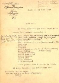 Portada:Carta del Ministro de Asuntos Exteriores francés a Carlos Esplá. París, 20 de junio de 1939
