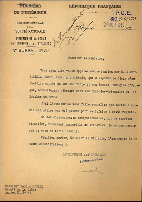 Carta del Ministro del Interior francés a Marius Moutet. París, 29 de junio de 1939 | Biblioteca Virtual Miguel de Cervantes