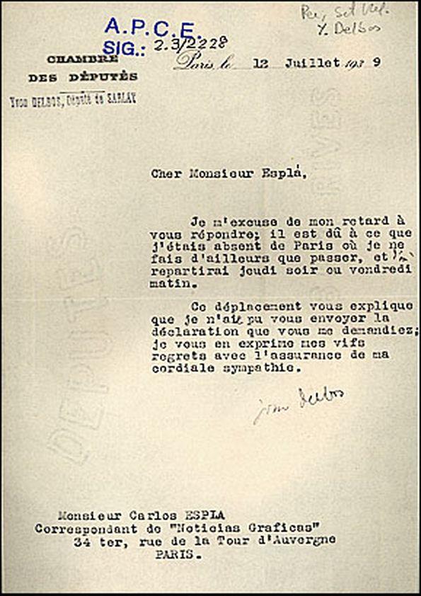 Carta de Yvon Delbos a Carlos Esplá. París, 12 de julio de 1939 | Biblioteca Virtual Miguel de Cervantes
