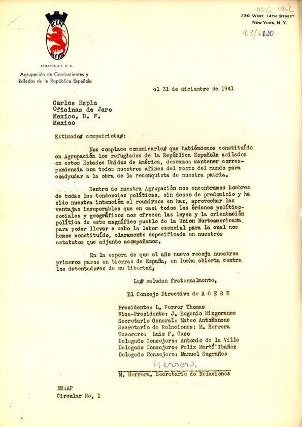 Carta de la Agrupación de Combatientes y Exiliados de la República Española a Carlos Esplá. New York, 31 de diciembre de 1941 | Biblioteca Virtual Miguel de Cervantes