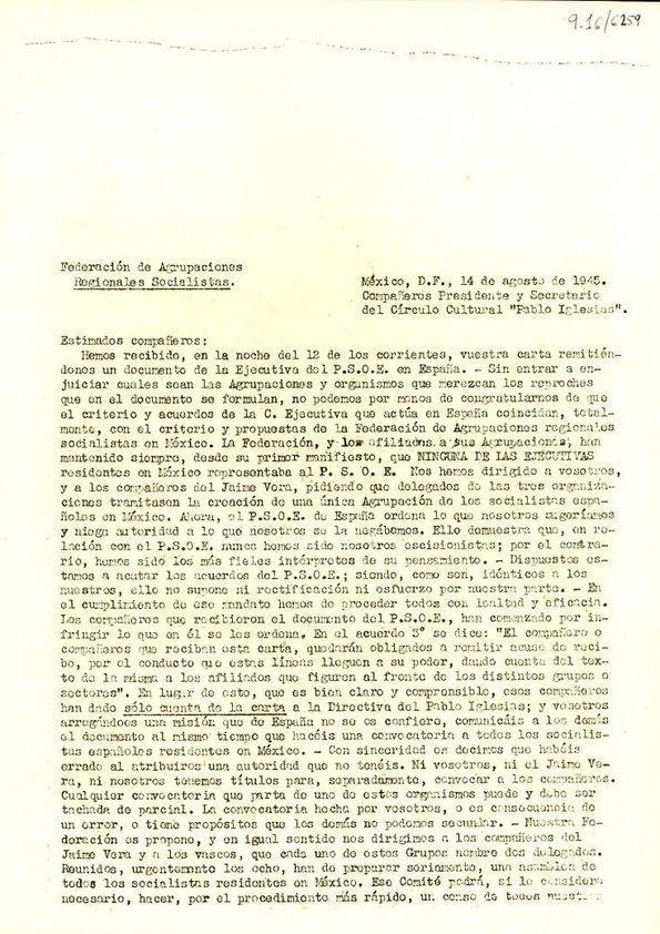 Carta de la Federación de Agrupaciones Regionales Socialistas al Círculo Pablo Iglesias. México D. F., 14 de agosto de 1945 | Biblioteca Virtual Miguel de Cervantes